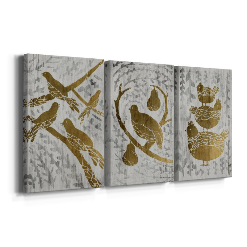 Quatre oiseaux chanteurs - feuille d'or - toile tendue sur mesure - 3 pièces, H 27 po x l 54 po
