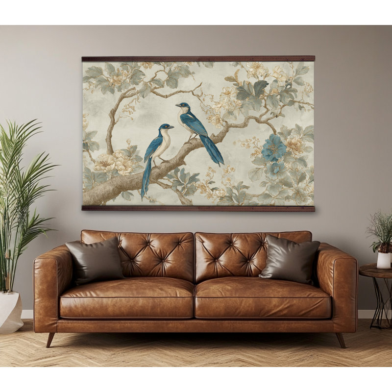 Toile, tapisserie, oiseaux bleus et fleurs chinoises avec cintre en bois - art mural botanique rétro, prêt à être accroché