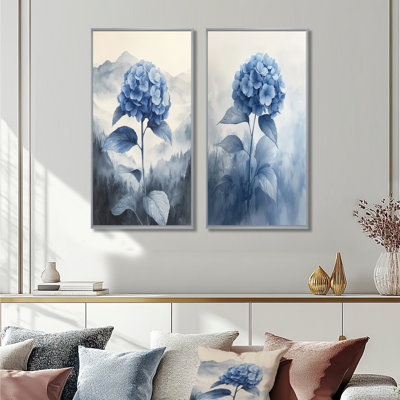 Hortensias bleus dans le rêve brumeux I - Collection d'art mural floral 2 pièces
