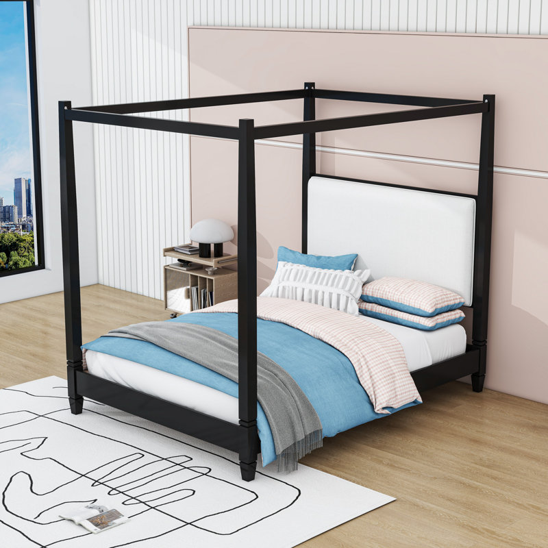 Wooden Canopy Platform Bed with Headboard and Slats, Black, Queen