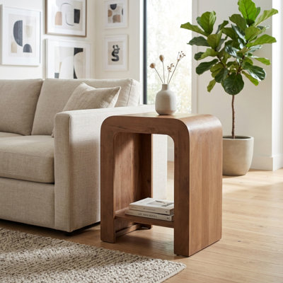 Curved Mango Wood Side Table With Open Shelf Storage For Living Room Home Decor -  Modern End Table Accent Design For Narrow Spaces - 24", Brown