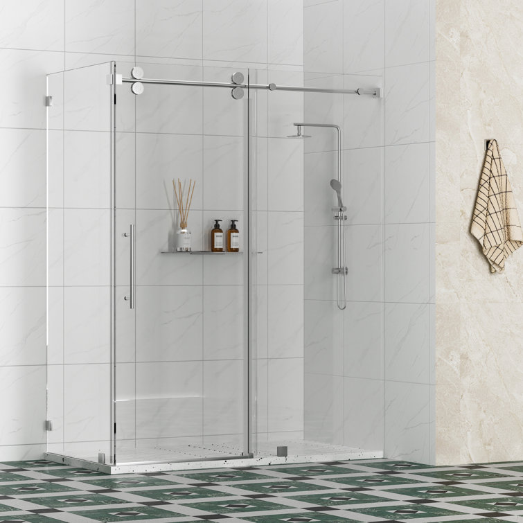 Radiance 66 In. W X 35 In. D X 76 In. H Sliding Frameless Corner Shower Enclosure With Clear Glass