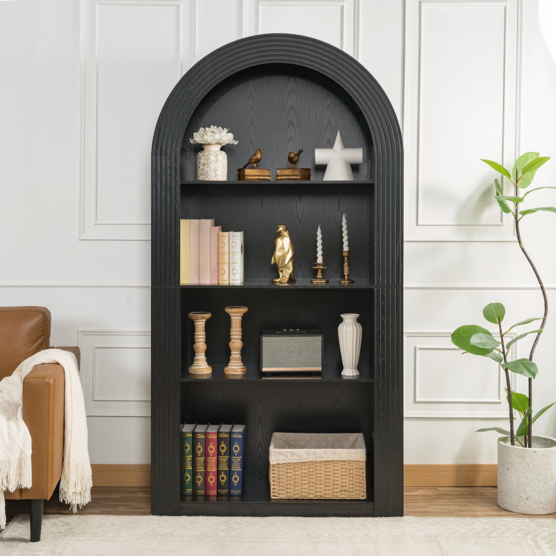 Tall Arched Bookcase, Mid Century Modern 4-Tier Storage with Open Shelves for Elegant Home Decor and Organization, Black