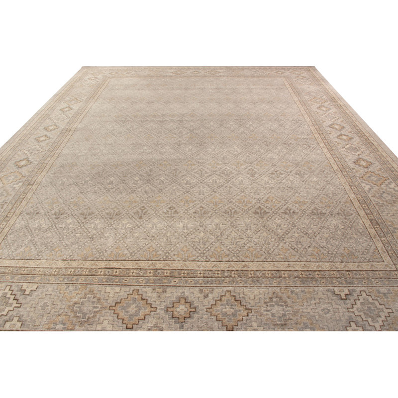 Distressed Homage Hand Knotted Wool Geometric Area Rug in Gray, Beige, Brown, White, Rectangle 9' x 12'
