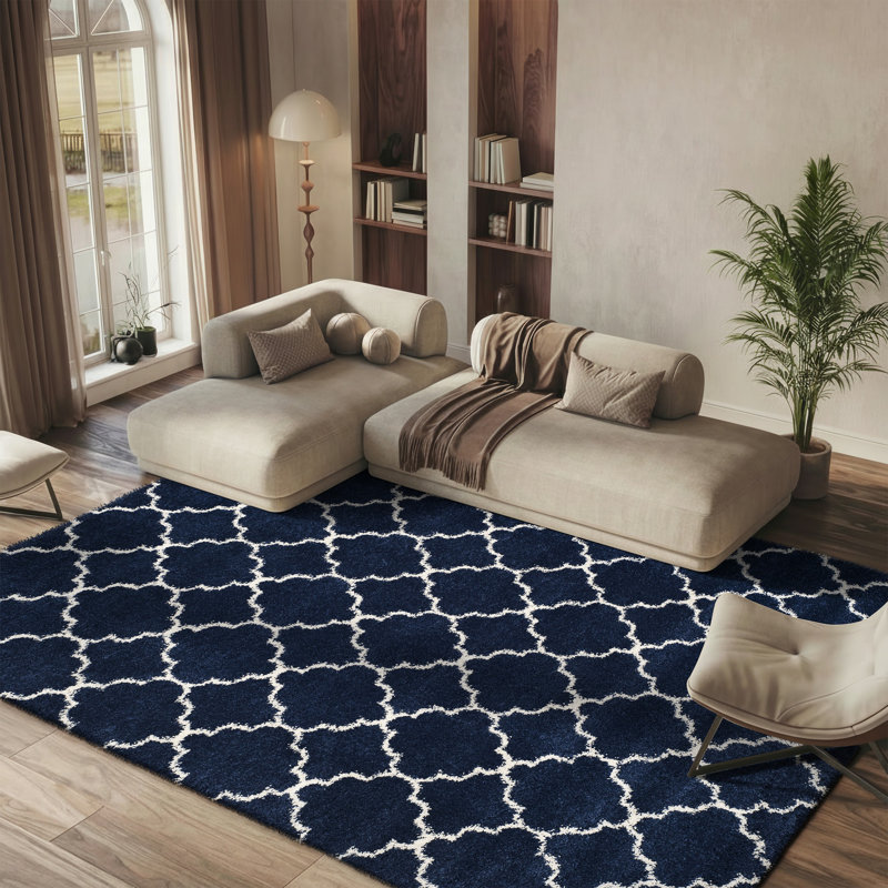 Tapis à poil long à motif géométrique gris, Rectangle 9 pi x 12 pi, Ivoire / Gris