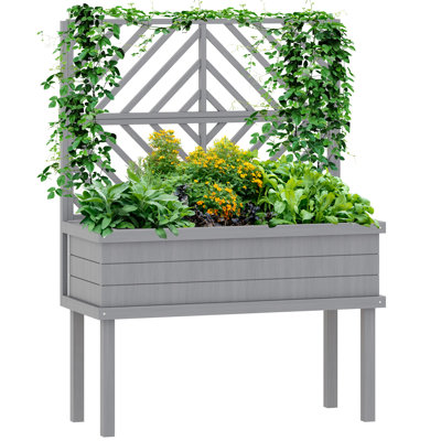 Lit de jardin surélevé avec treillis pour plantes grimpantes, légumes, vignes, jardinière surélevée avec pieds, trous de drainage et filtre pour jardin extérieur, patio, bois