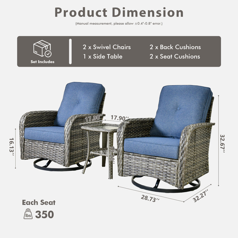 Allcot 2 - Person Outdoor Wicker Chairs with Side Table, All Weather High Back Rattan Chairs 2-Seater with Comfy Cushions