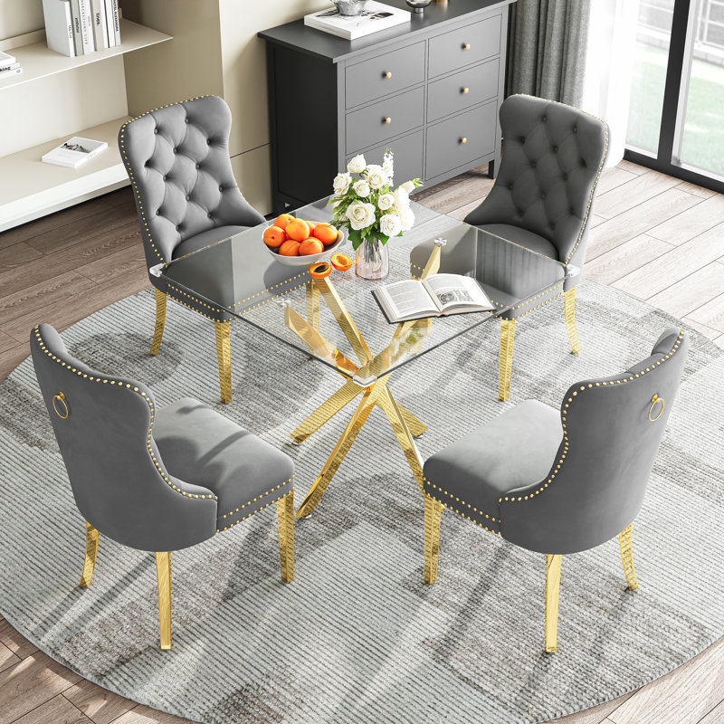  Modern Square Glass Dining Table Set for 4, 36" Tempered Glass Top with Velvet Tufted Nailhead Trim Chairs