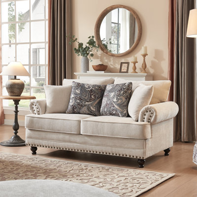 Estelle Modern Farmhouse Loveseat Sofa, Chenille Upholstery With Nailhead Trim, Includes 4 Accent Pillows
