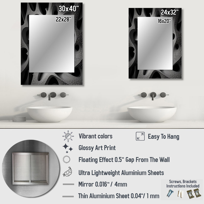 Through The Rabbit Hole Black White Maze III - Geometric Unique Mirror, Black Large Wall Mirror, Printed Metal Art, 32" x 24"