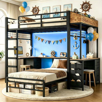 Bunk Bed with 2 Person Desk and 6 Storage Drawers, Twin Metal Platform Captain Bed