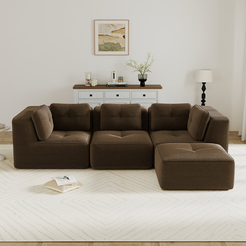 Canapé modulaire moderne pour le salon, tissu en velours côtelé, canapé à 3 places avec siège profond et repose-pieds mobile, passepoil perlé, conception capitonnée, sans assemblage, conception antidérapante