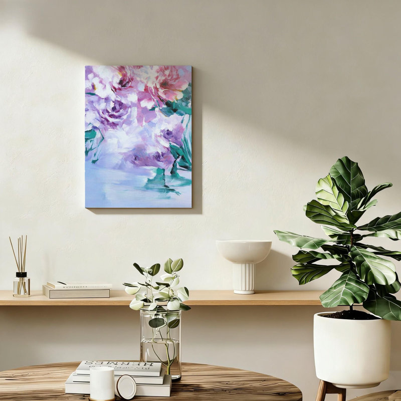 Art mural sur toile rose et mauve avec pivoines, support de cadre en bois massif, 16 po x 24 po