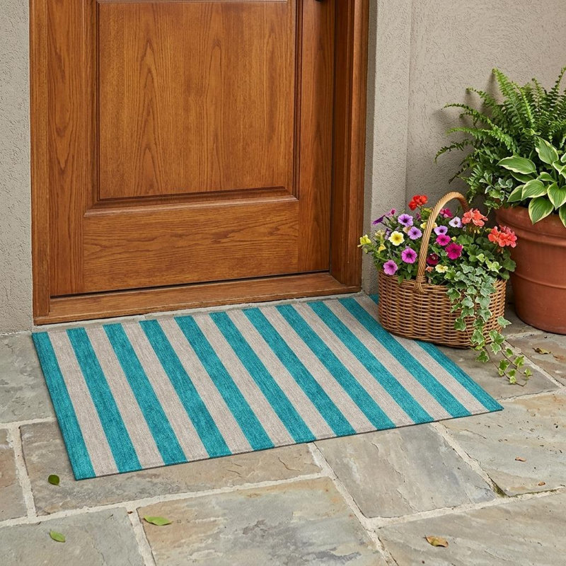Tapis extérieur lavable antidérapant à rayures turquoise 2 pi x 3 pi