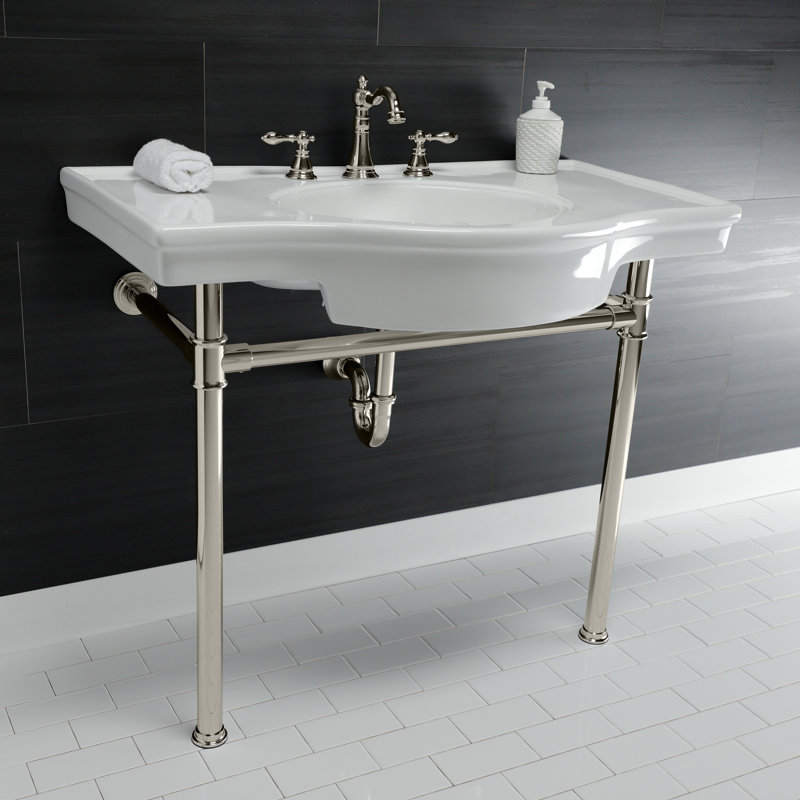 Lavabo de salle de bain console en céramique avec trop-plein, Nickel poli
