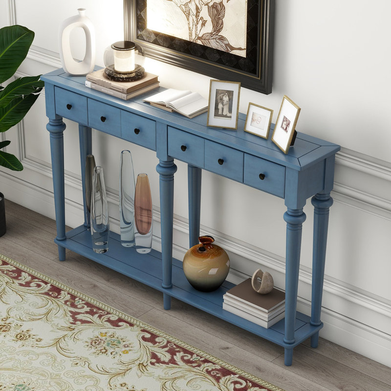 Console bleu marine avec 4 tiroirs et tablette ouverte By. Pin rétro de style rétro. Le plateau de table robuste peut supporter 220 lb, le tiroir 15 inférieur et 33 lb. Table fonctionnelle fonctionnelle. Instructions d'assemblage