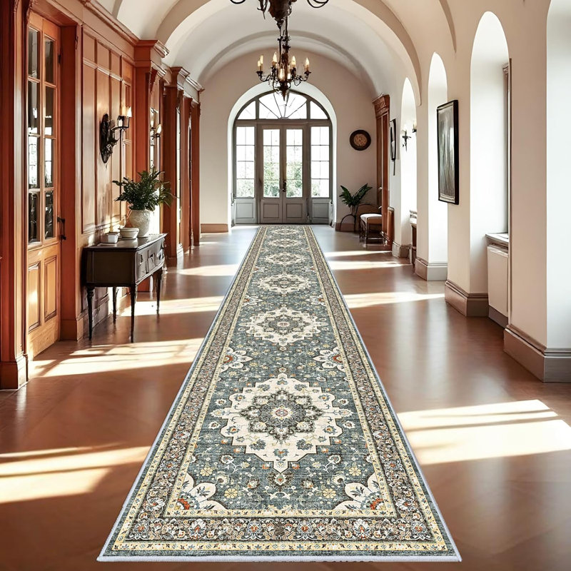 Washable Oriental Hallway Rug - Rugs for Living Room Soft Carpet for Bedroom Kitchen Waterproof Floral Distressed Indoor Stain Resistant Non-Shedding Floor Carpets (Blue)