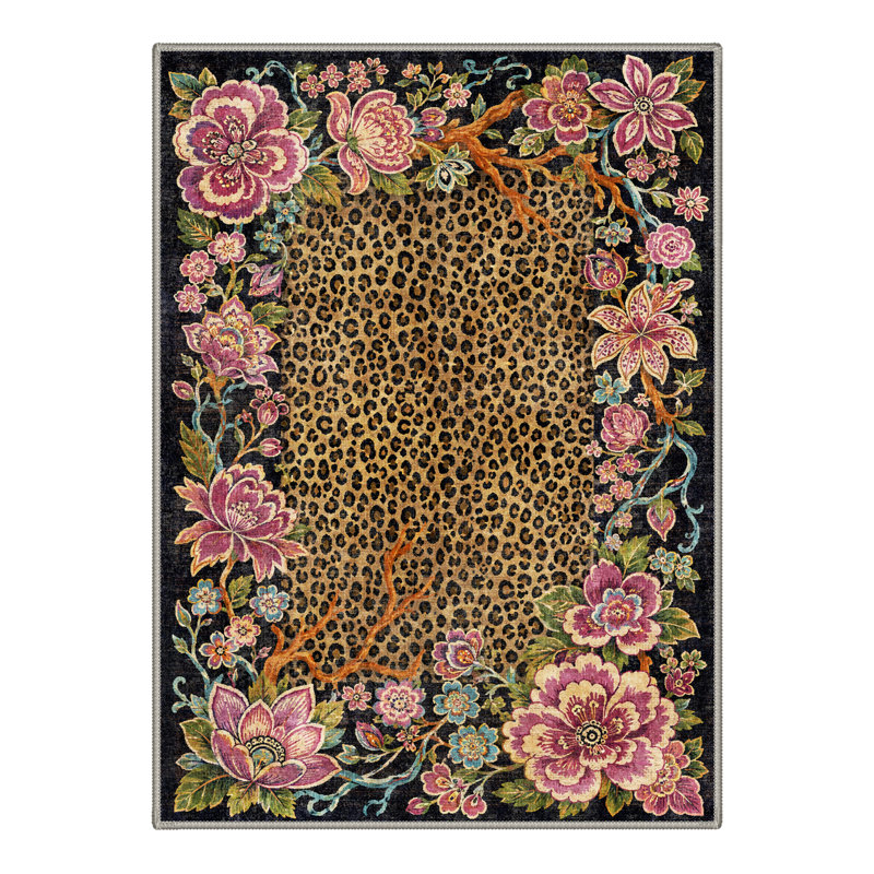 Machine Washable Animal Print Black / Brown Hallway Runner With Non-Slip Backing, Rectangle 9' x 12'