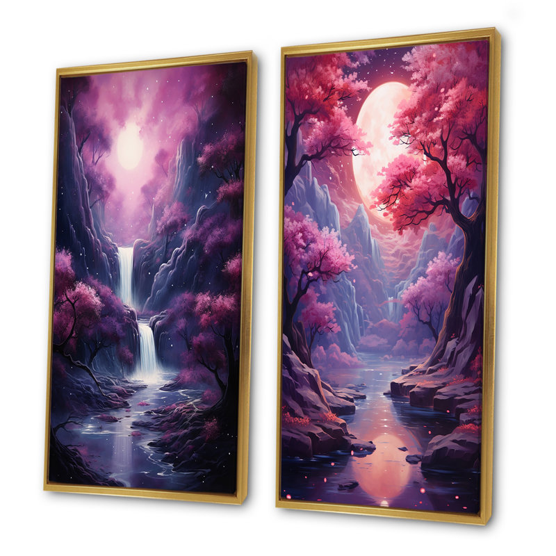 Surréalisme prune cosmique Cascade - ensemble de salon mural surréalisme sur 2, Cadre flottant doré, H 32 po x l 33 po