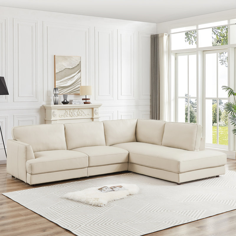  Byrle Mid Century Modern Genuine Leather Cozy Sectional Sofa, Cream Genuine Leather, Right Hand Facing