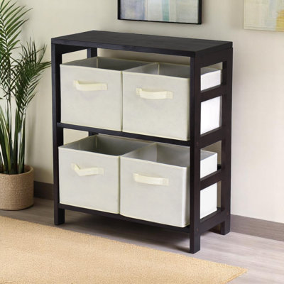 Irmfriede Espresso 5-Pc Storage Shelf With 4-Foldable Beige Baskets, 29.03" H X 24.93" W X 11.06" D