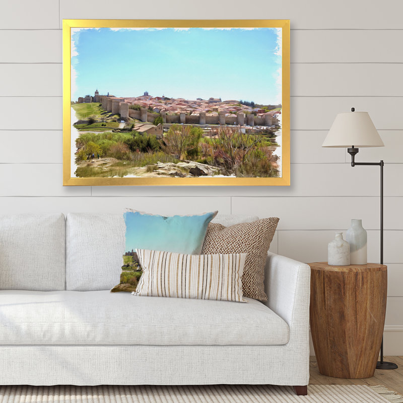 Vue sur les remparts de la ville médiévale - reproduction sur toile, Cadre photo doré, H 24 po x l 32 po x P 1 po