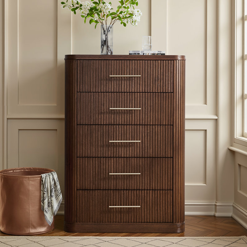 Graciana Modern 54.25" Fluted 5-Drawer Chest Oak Grain Finish with Solid Wood Base, Walnut