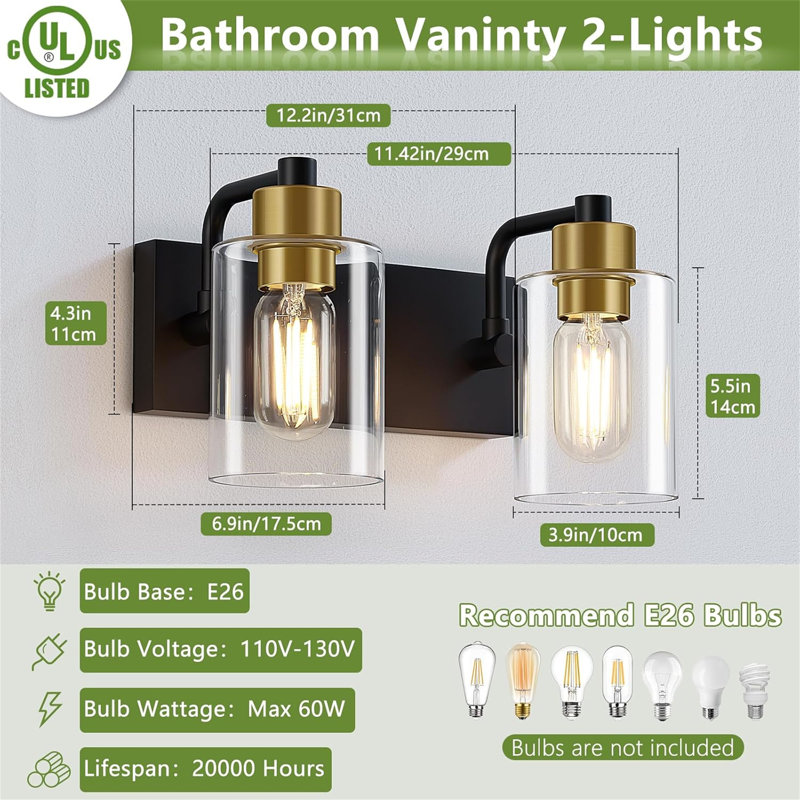 Dimmable Vanity Light, 2, Matte Black/Gold