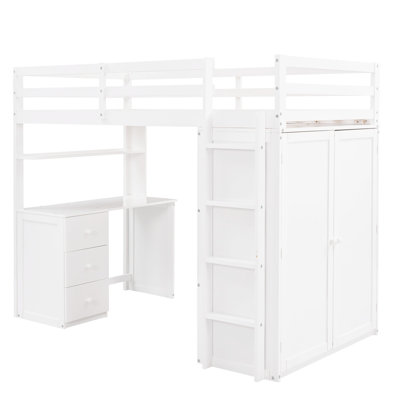 Lit mezzanine simple blanc avec rangement. Fabrication en panneau solide. Optimisez votre chambre à coucher. Bureau et tablette L 78,3 po x H 65 po x l 44 po. Contreplaqué. Améliore l'espace de travail.