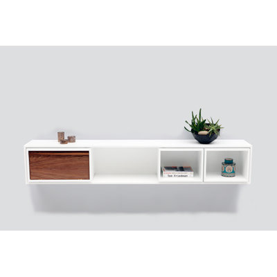 New School 3 Piece Walnut Solid Wood Cube Shelf with Drawer