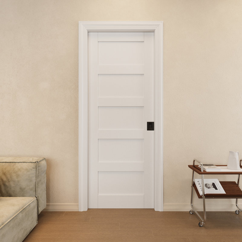 Interior 5-Panel Sliding Closet Door Solid Core Sliding Pocket Pantry Door With Privacy Pocket Lock / Soft Close, White/Black
