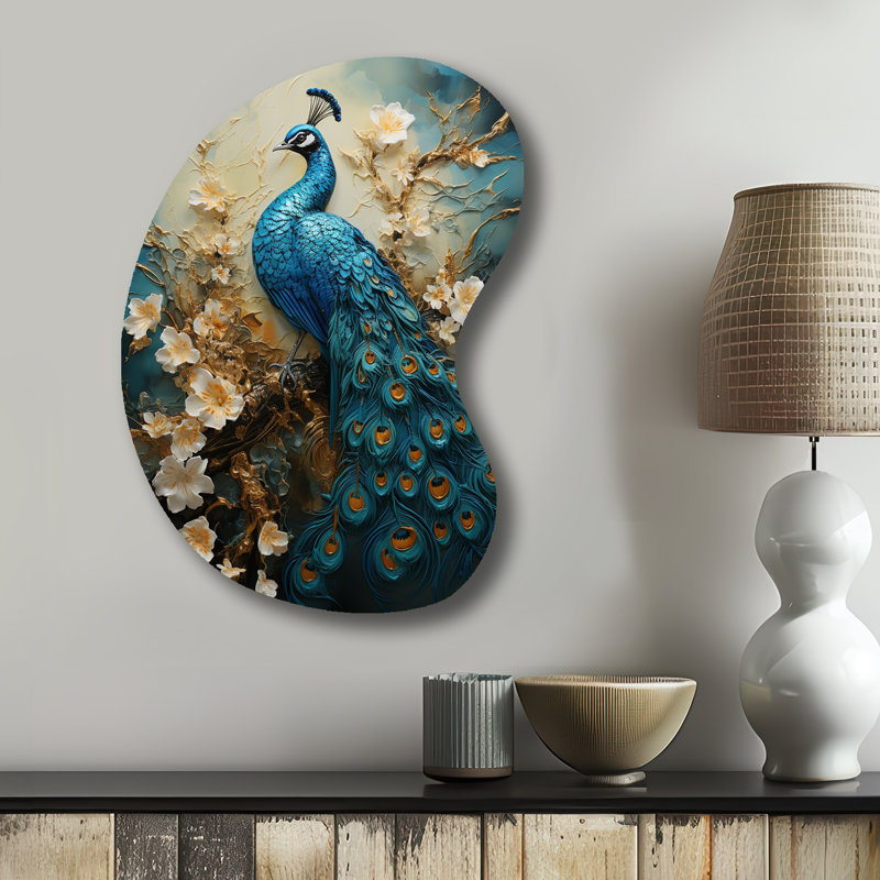 Thamim - paon, décoration murale asymétrique en métal, impression d'art en forme unique bleue, H 31 po x l 22 po