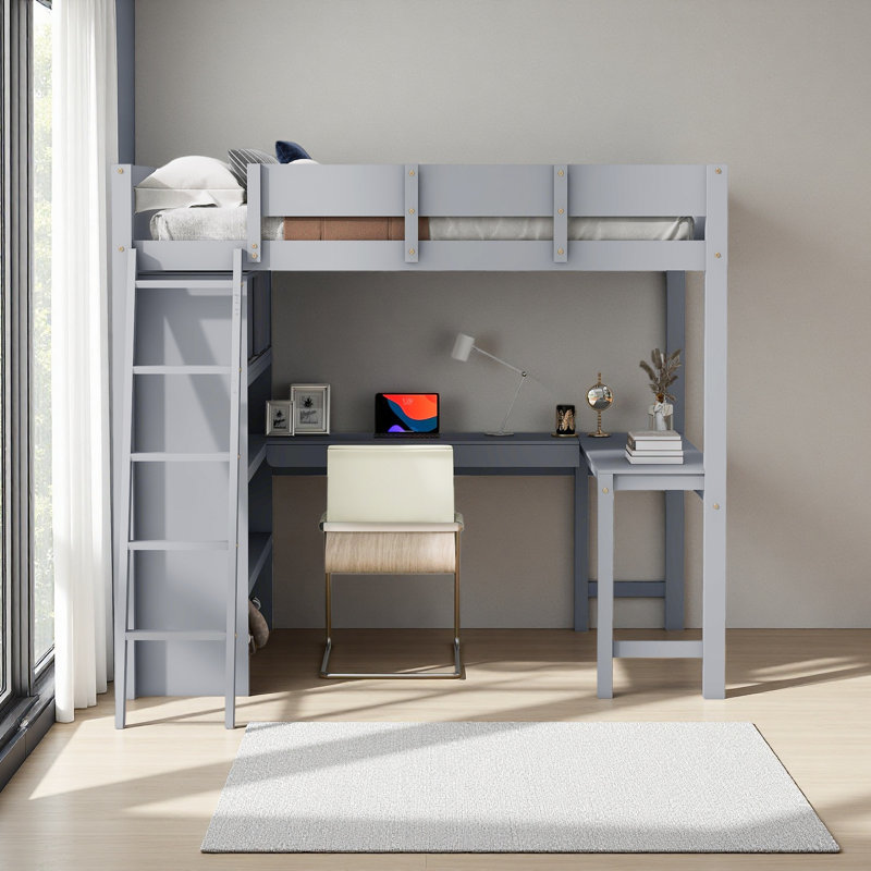 Lit mezzanine double avec bureau et tablette, Gris