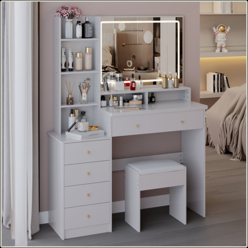 41" Large Size Left Bedside Cabinet Vanity Table+Cushioned Stool, Extra Large Touch Control LED Mirror, 3-Colour Switch, Multi Layer High Capacity Storage Fashionable Dresser, Suitable For Large Space