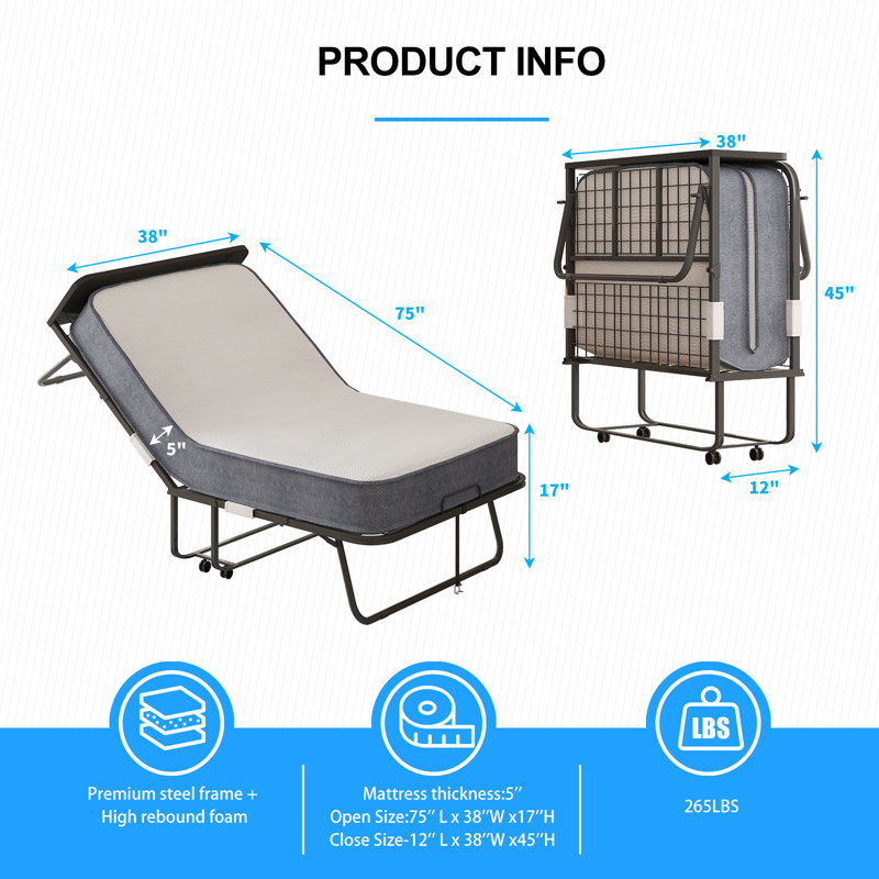 38" Rollaway Folding Bed with 5" Memory Foam Mattress & Wheels
