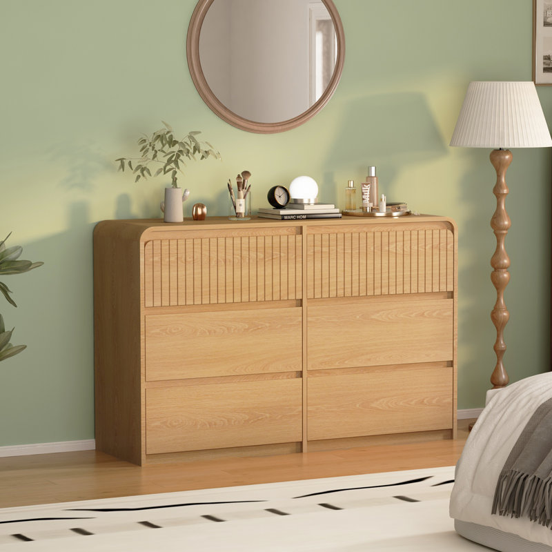 Modern 6 Drawer Dresser For Bedroom, 48" Large Wide Chest Of Drawers, Wooden Dresser Closet Organizers W/Storage Drawer & Curved Profile Design,TV Stand For Living Room, Hallway, Natural
