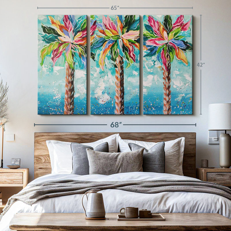 «Colorful Palms», 3 pièces sur toile, H 42 po x l 65 po x P 1,25 po
