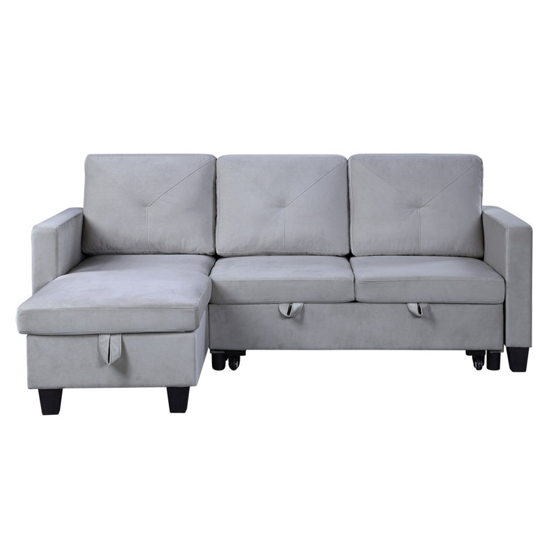 Nova 82.5" Light Gray Velvet Reversible Sleeper Sectional Sofa With Storage Chaise, Light Gray Velvet