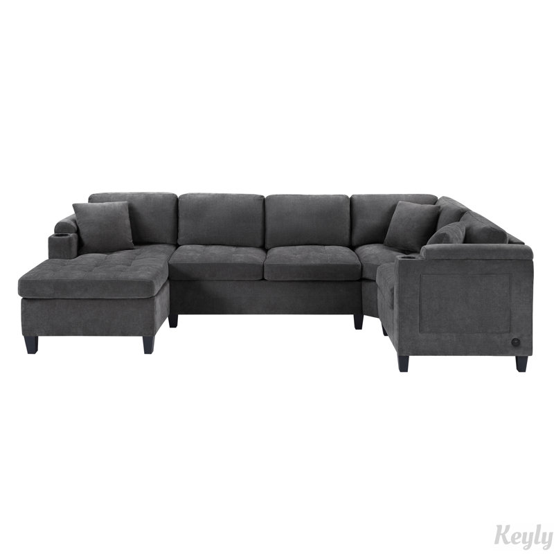 Canapé modulaire de coin 115,7 po avec porte-gobelets intégrés, espace de rangement et ports USB, Gris