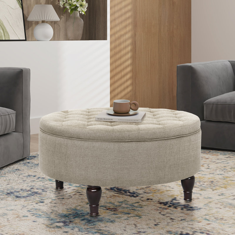 32'' Wide Tufted Round Storage Ottoman, Beige 100% Linen