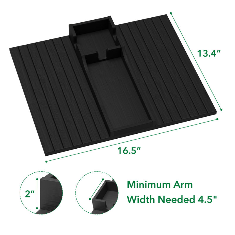 Plateau d'accoudoirs en bambou avec porte-gobelet - Organisateur de table pliable et antidérapant pour les boissons, les collations et les télécommandes, noir