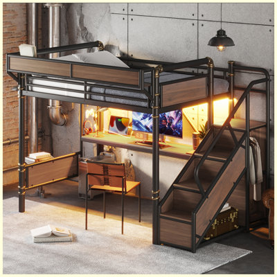 Full Size Industrial Metal Loft Bed with Built-in Desk, Power Outlet, LED Strip, Pegboard, Storage Baskets and Stairs with Wardrobe, Black Loft Bed Frame