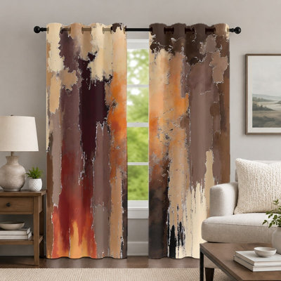 2 pièces rideaux de peinture à l'huile abstraits bruns et orange, rideaux de style artistique, motif de texture fluide à motif d'œillets pour décoration de salon de chambre à coucher