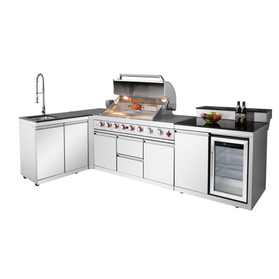 Barbecue pour îlot de cuisine en acier inoxydable à 6 brûleurs 99000 avec évier, rangement, réfrigérateur, armoire d'angle, arrière pour rôti juteux, plats latéraux, housses de protection contre les intempéries, durabilité 304