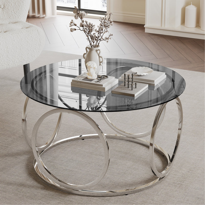 Table basse ronde moderne en verre de 80 cm avec structure circulaire en métal, table d'appoint contemporaine - Verre gris et chrome