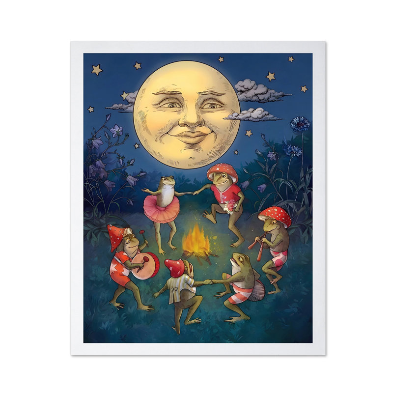 Grenouilles dansant sous la lune, 24"H x 32"W, Affiche, Encadrement blanc