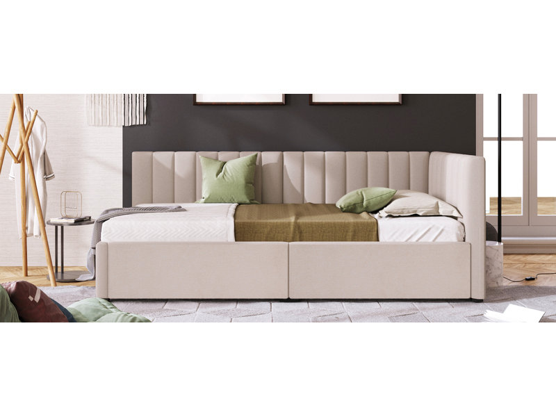 Upholstered Daybed With 2 Storage Drawers Twin Size Sofa Bed Frame No Box Spring Needed, Linen Fabric, Beige