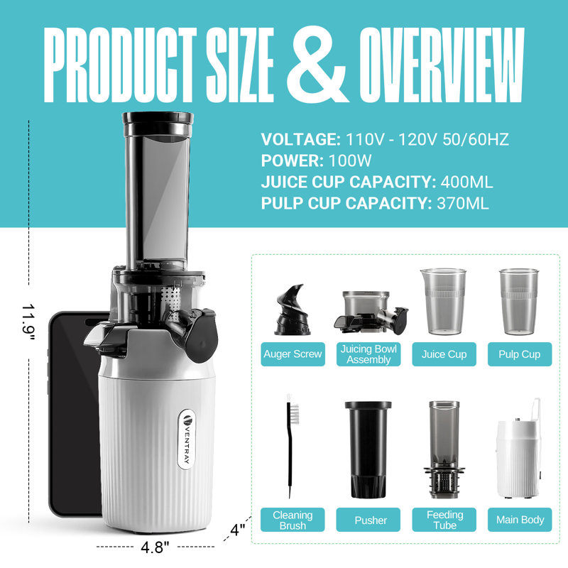 VENTRAY 60 Speed Electric Slow Masticating & Cold Press Juicer, White/Black