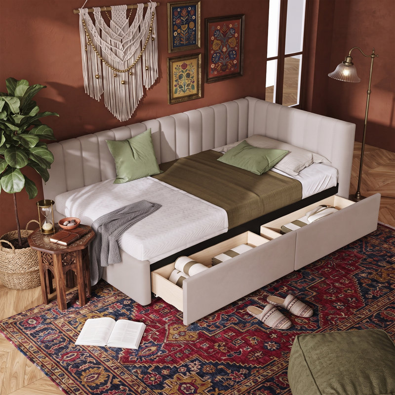 Upholstered Daybed With 2 Storage Drawers Twin Size Sofa Bed Frame, Beige