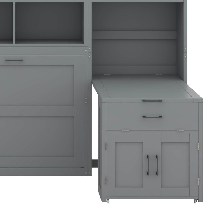 Lit escamotable simple avec armoire de rangement, bibliothèque, tiroirs de rangement et bureau, cadre de lit pliant, Gris